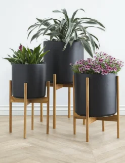 Ceramic Planter Pot + Teak Stand by LBE Design