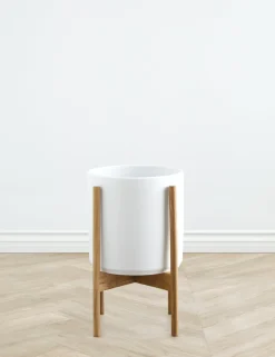 Ceramic Planter Pot + Teak Stand by LBE Design