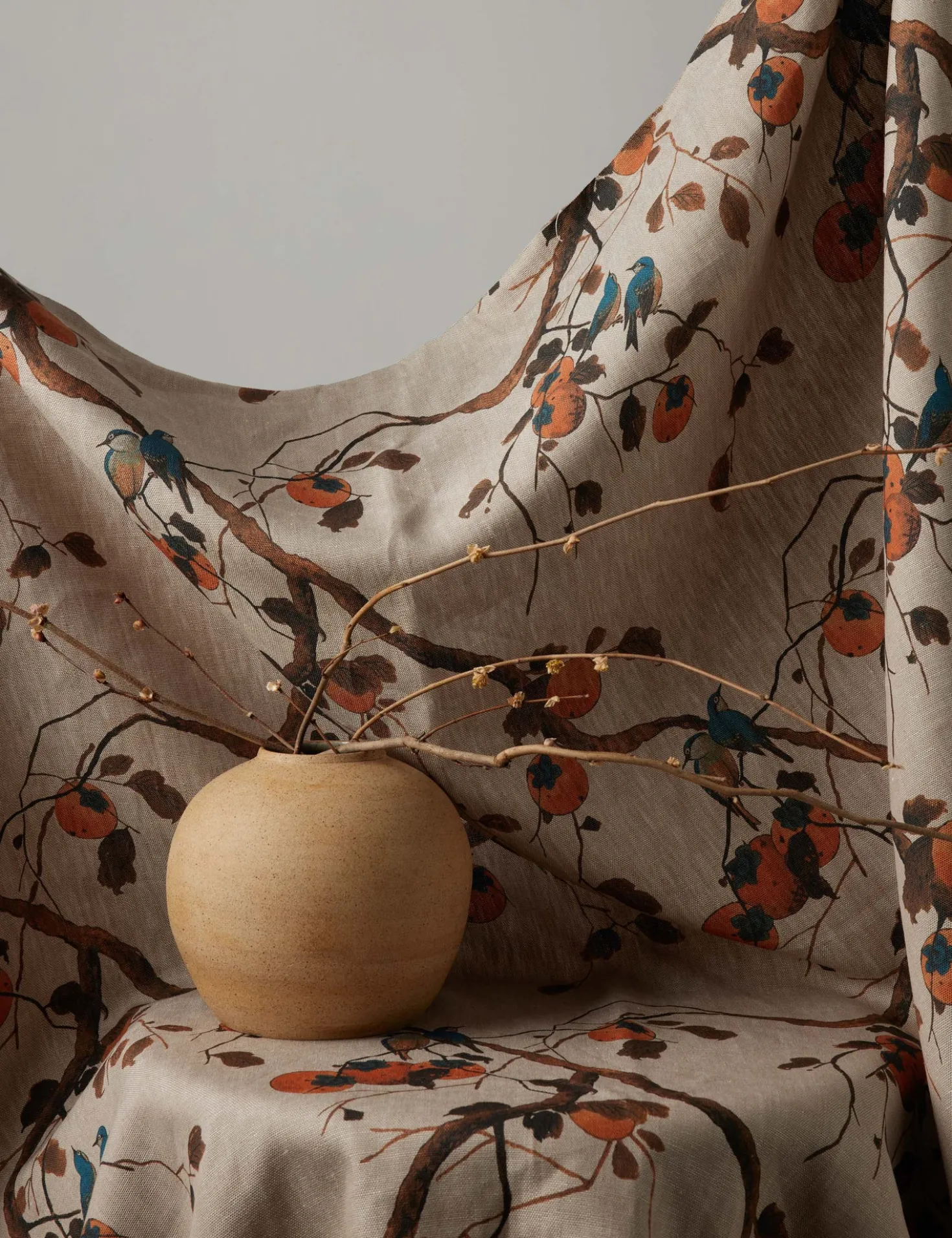 Persimmon Birds Flax Linen Fabric by Nathan Turner