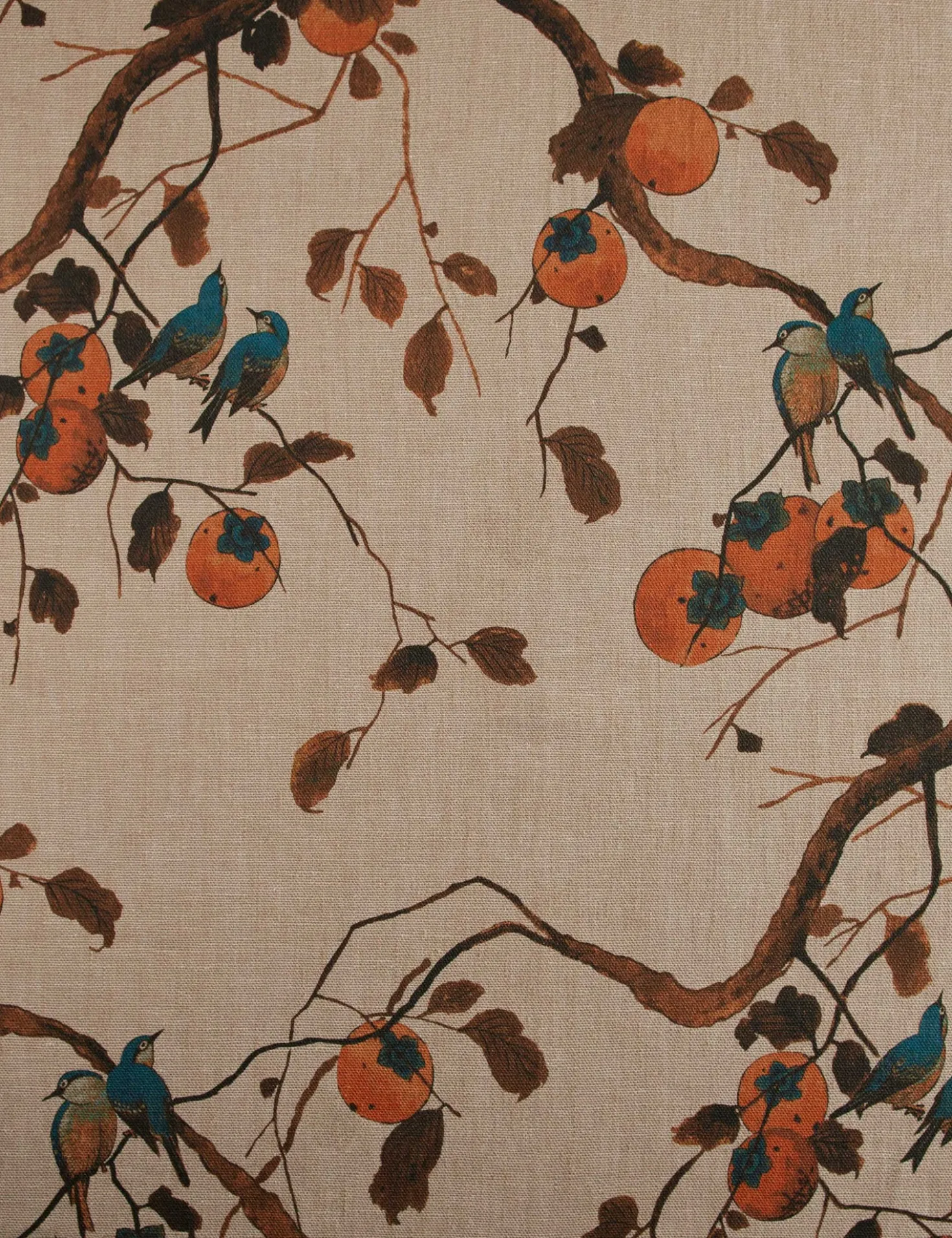 Persimmon Birds Flax Linen Fabric by Nathan Turner