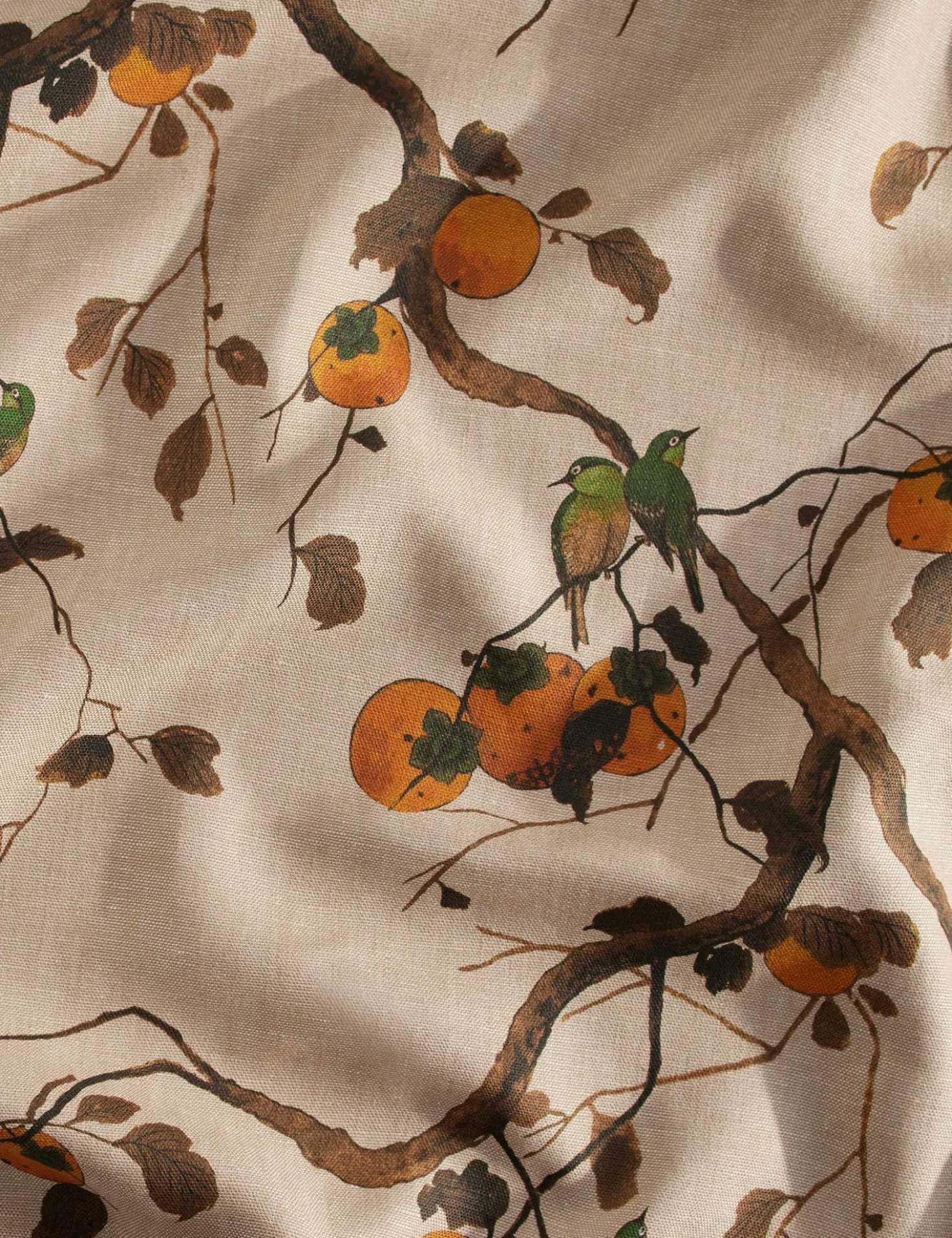 Persimmon Birds Flax Linen Fabric by Nathan Turner