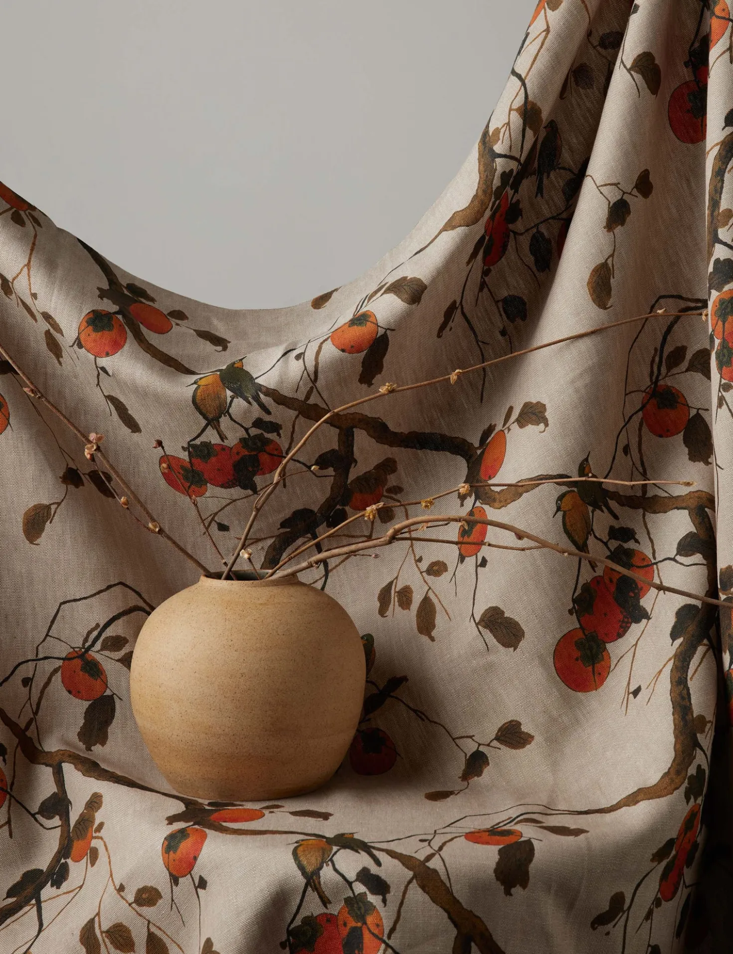 Persimmon Birds Flax Linen Fabric by Nathan Turner