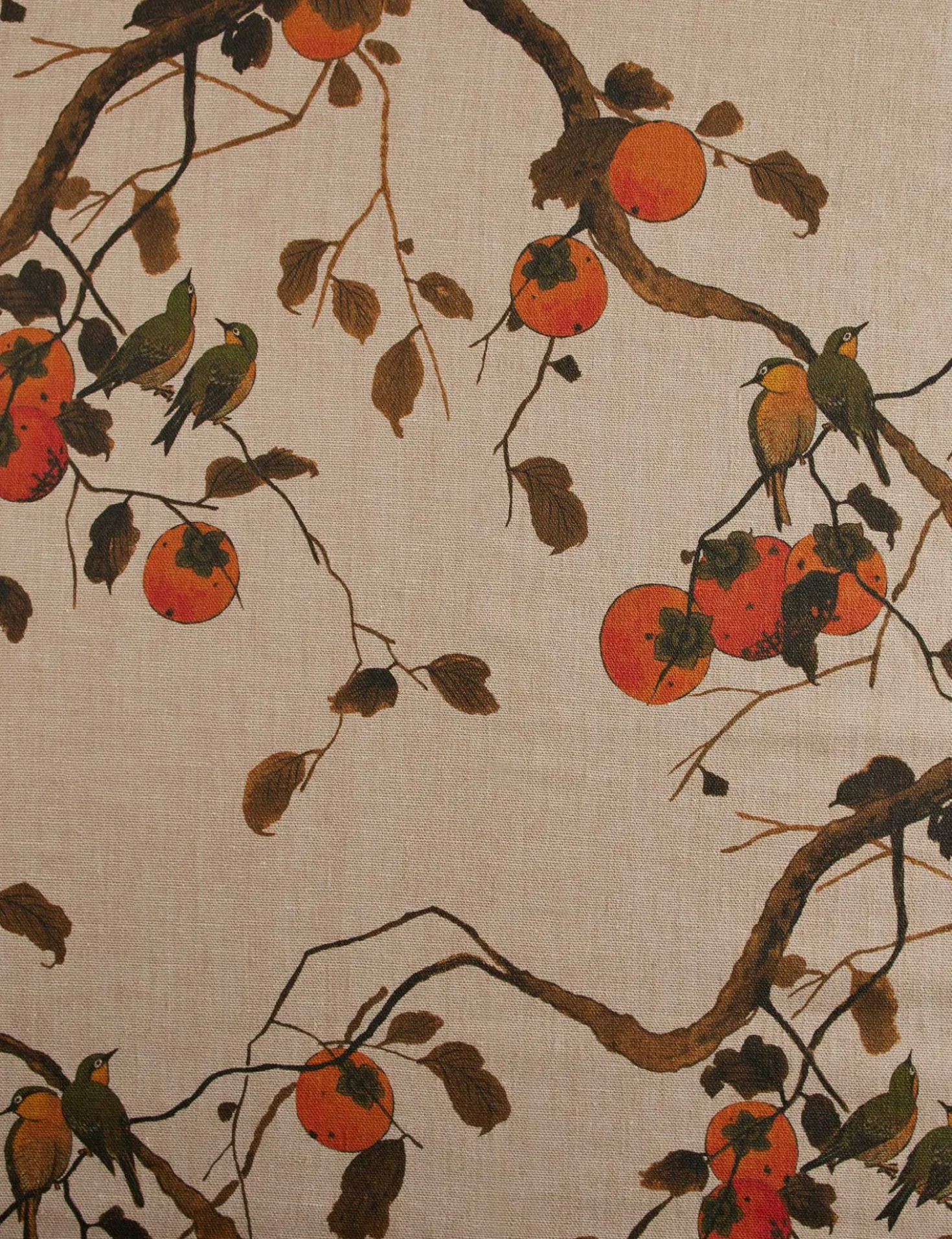 Persimmon Birds Flax Linen Fabric by Nathan Turner