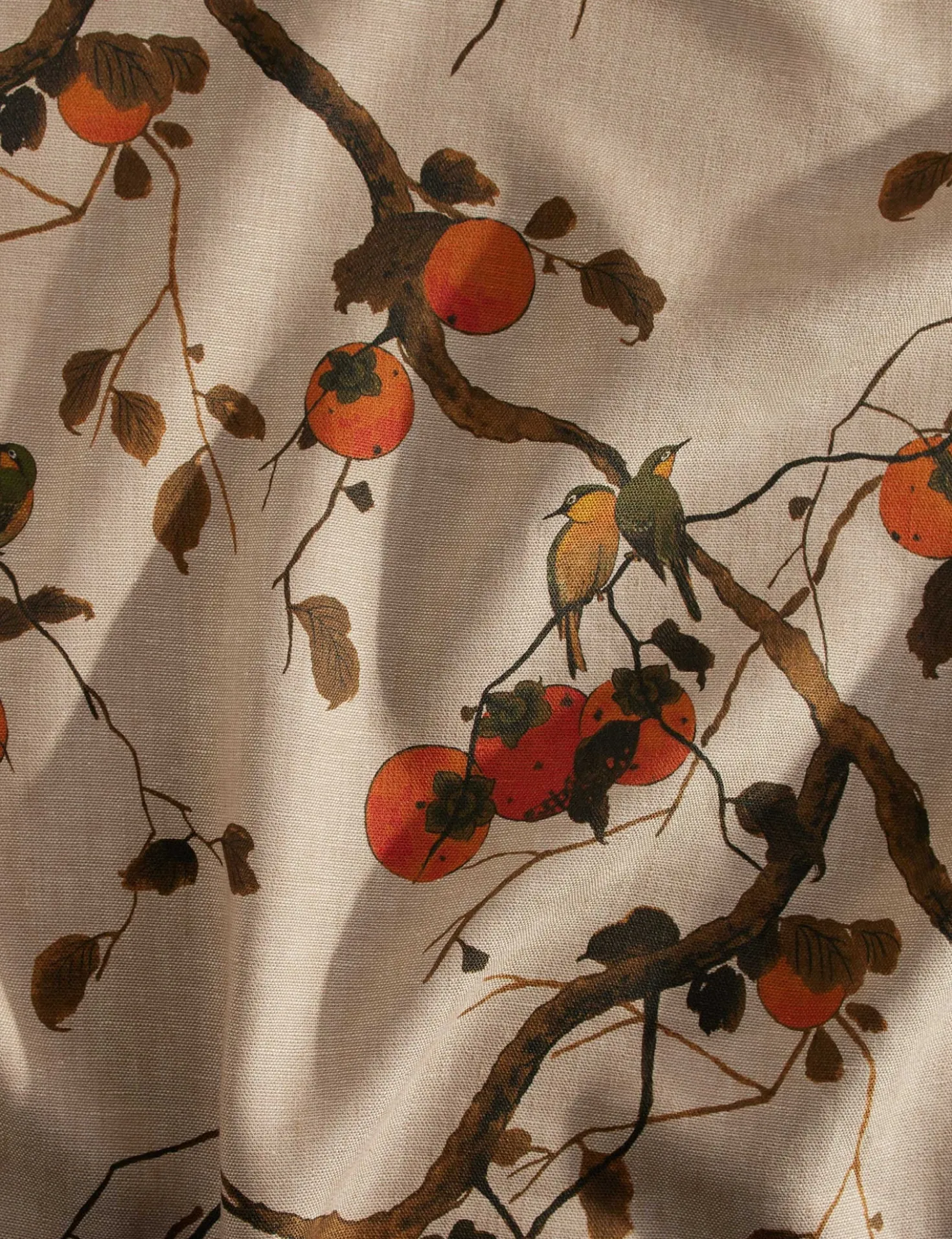Persimmon Birds Flax Linen Fabric by Nathan Turner