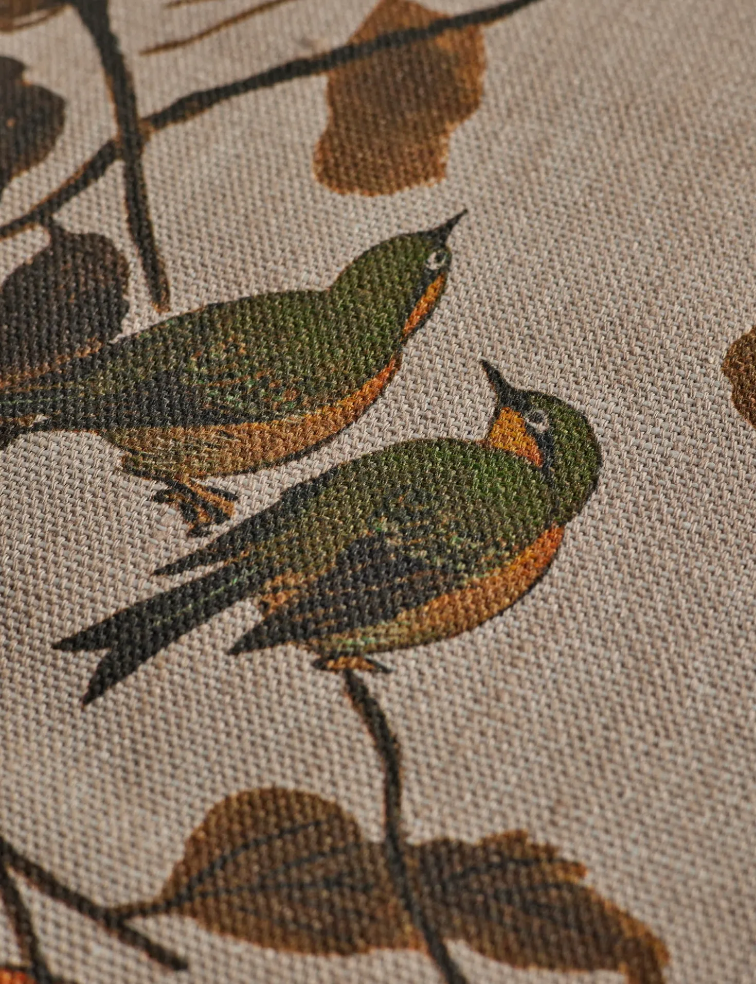 Persimmon Birds Flax Linen Fabric by Nathan Turner