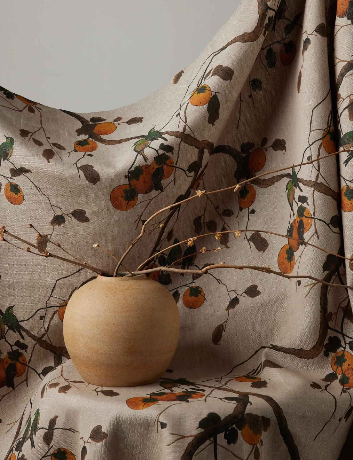 Persimmon Birds Flax Linen Fabric by Nathan Turner