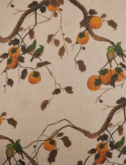 Persimmon Birds Flax Linen Fabric by Nathan Turner