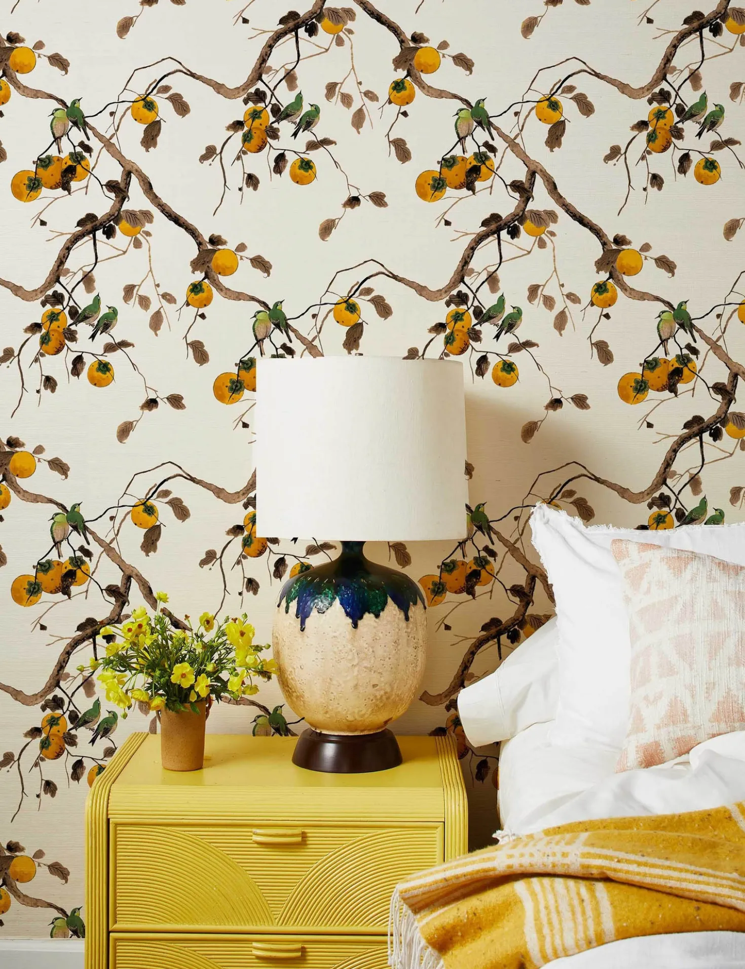 Persimmon Birds Grasscloth Wallpaper by Nathan Turner